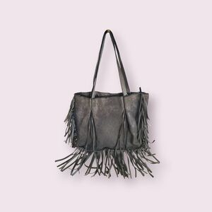 Cut & Paste 100% Leather Fringe Tote Bag - Gray